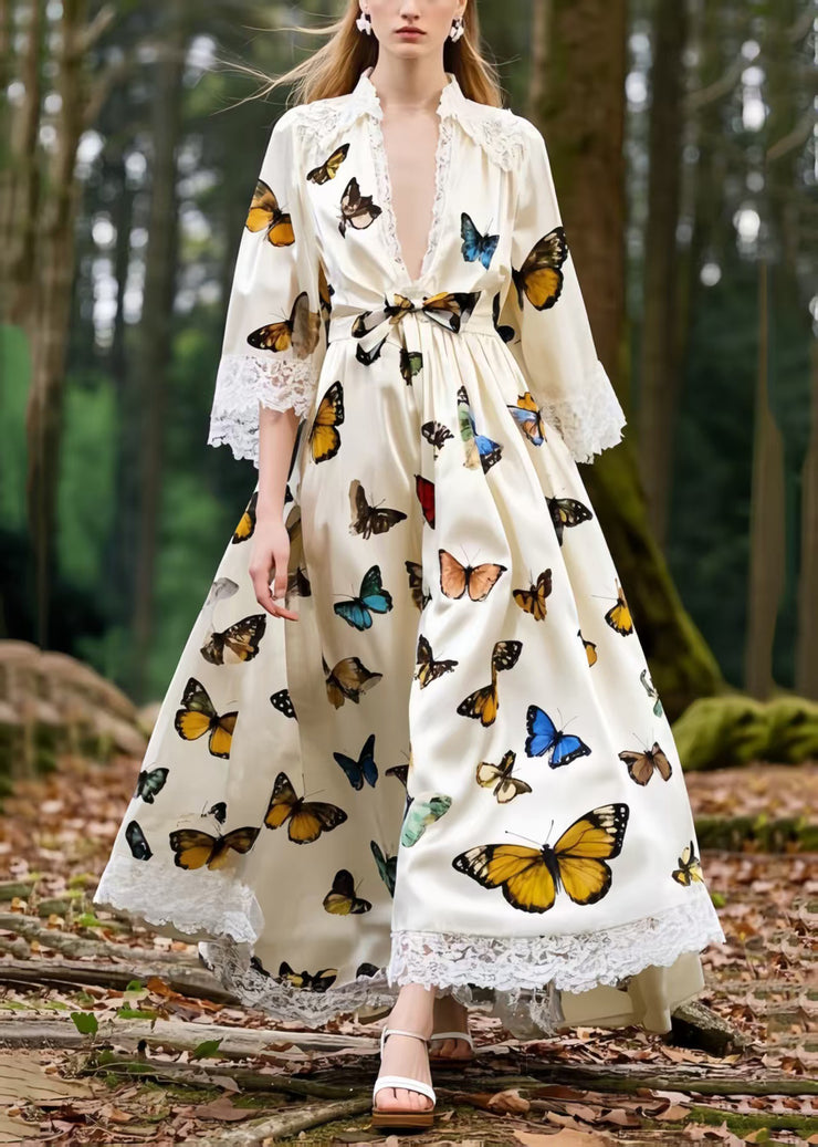 French Polychrome Butterfly Patchwork Lace Party Dress Half Sleeve
