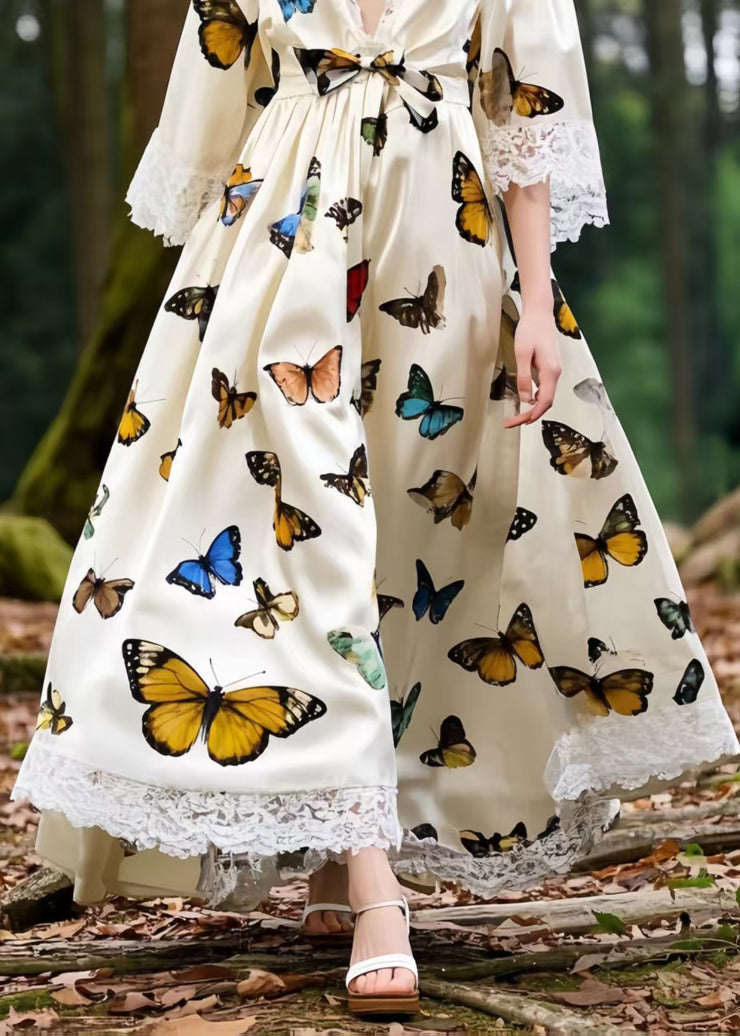 French Polychrome Butterfly Patchwork Lace Party Dress Half Sleeve