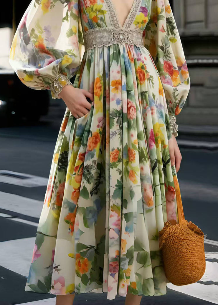 French Polychrome Deep-V Neck Print Chiffon Party Dress Spring