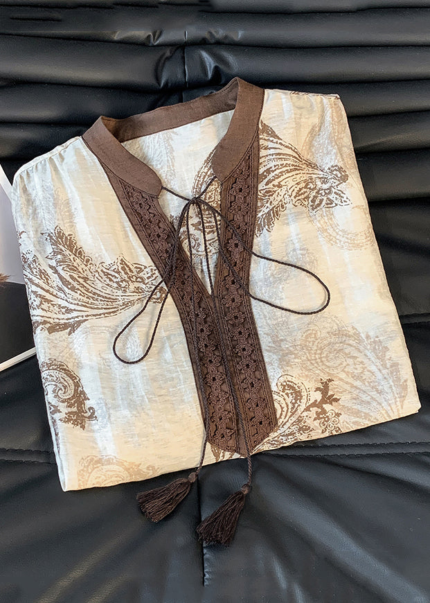 French Print Lace Up Cotton Blouses Lantern Sleeve