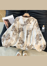 French Print Lace Up Cotton Blouses Lantern Sleeve