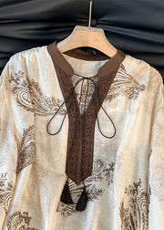 French Print Lace Up Cotton Blouses Lantern Sleeve
