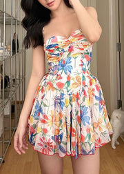 French Print Wrinkled Cotton Spaghetti Strap Dress Summer