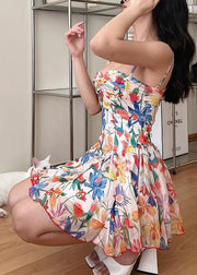French Print Wrinkled Cotton Spaghetti Strap Dress Summer