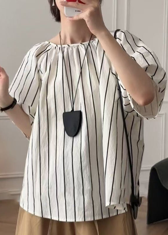 French Puff Sleeve Striped O-Neck Cotton Shirt Top
