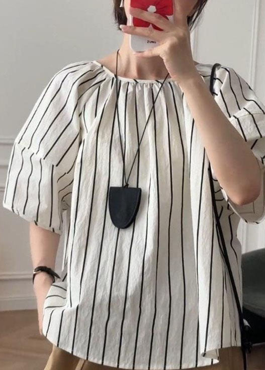 French Puff Sleeve Striped O-Neck Cotton Shirt Top