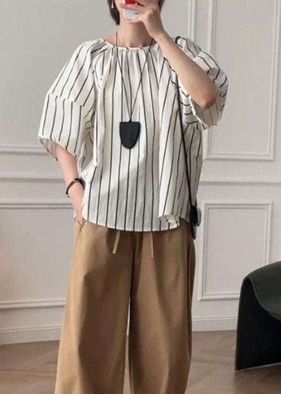 French Puff Sleeve Striped O-Neck Cotton Shirt Top
