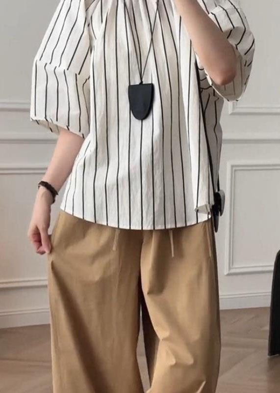 French Puff Sleeve Striped O-Neck Cotton Shirt Top