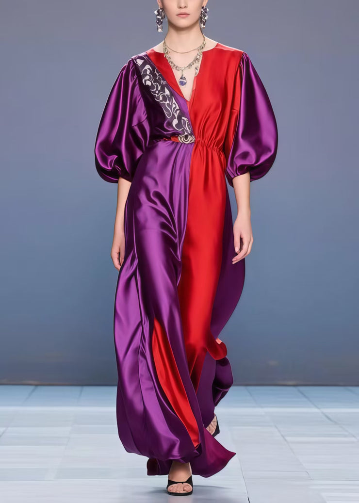 French Purple Asymmetrical Patchwork Silk Ankle Dress Lantern Sleeve