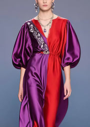 French Purple Asymmetrical Patchwork Silk Ankle Dress Lantern Sleeve