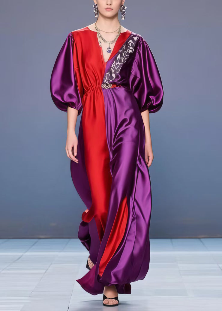 French Purple Asymmetrical Patchwork Silk Ankle Dress Lantern Sleeve