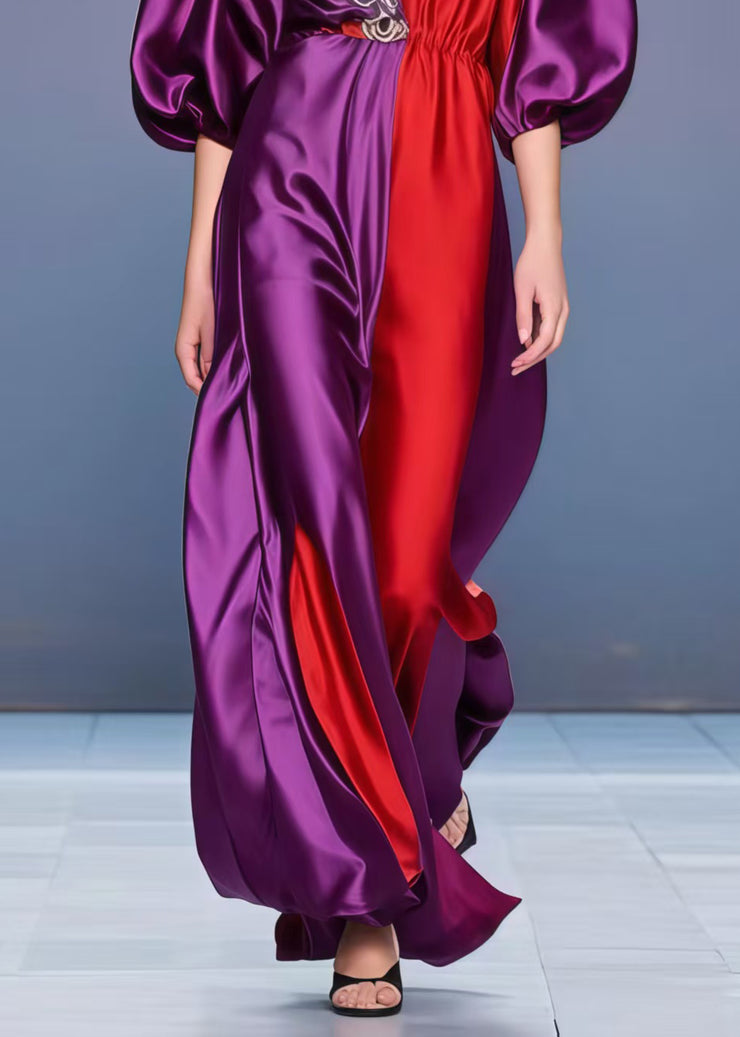 French Purple Asymmetrical Patchwork Silk Ankle Dress Lantern Sleeve