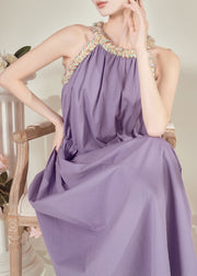 French Purple Halter Cold Shoulder Maxi Dresses Sleeveless