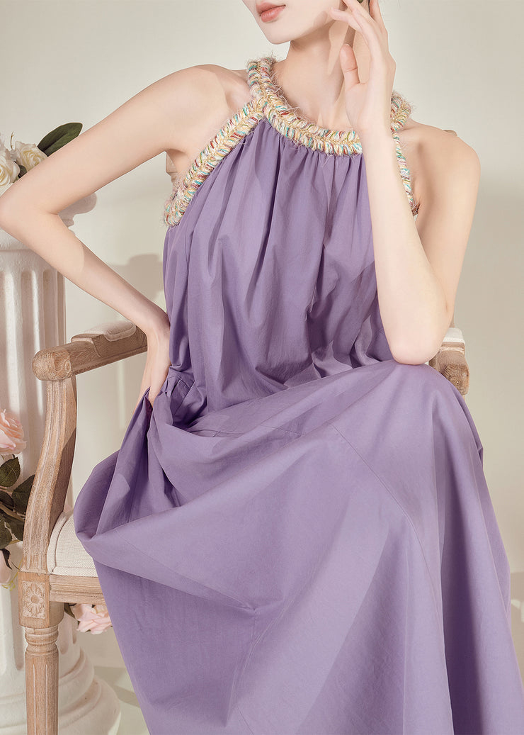 French Purple Halter Cold Shoulder Maxi Dresses Sleeveless