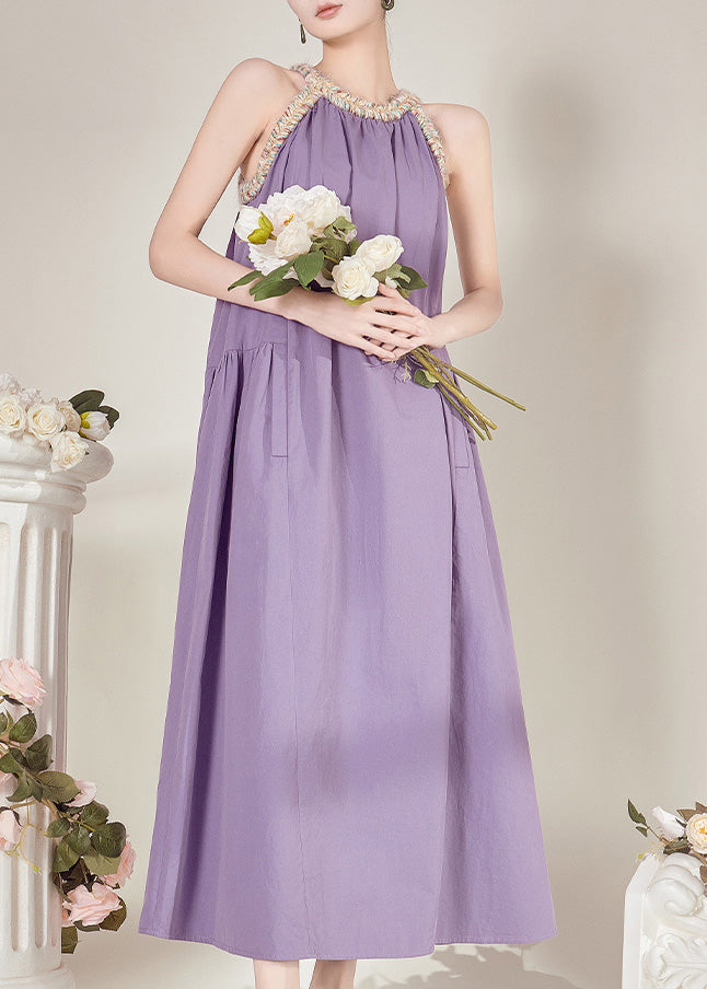 French Purple Halter Cold Shoulder Maxi Dresses Sleeveless