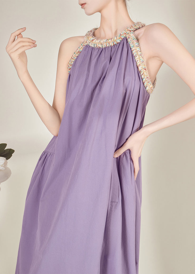 French Purple Halter Cold Shoulder Maxi Dresses Sleeveless
