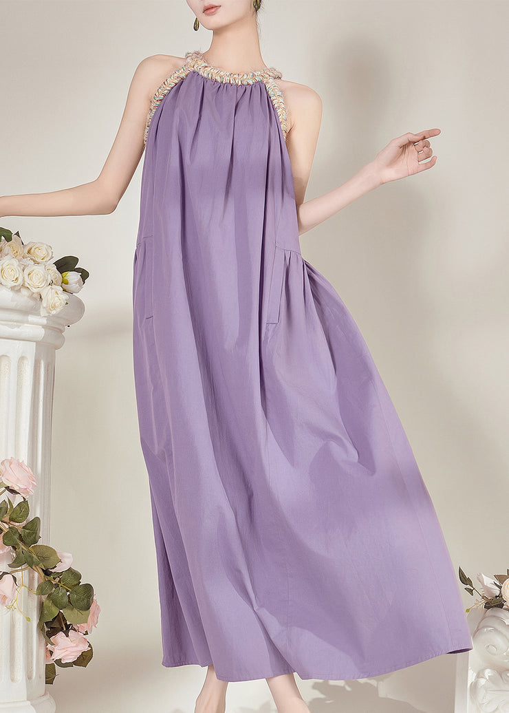 French Purple Halter Cold Shoulder Maxi Dresses Sleeveless