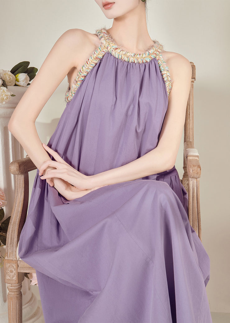 French Purple Halter Cold Shoulder Maxi Dresses Sleeveless