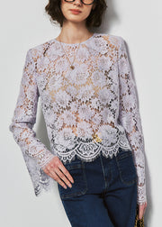 French Purple O Neck Hollow Out Lace Top Fall