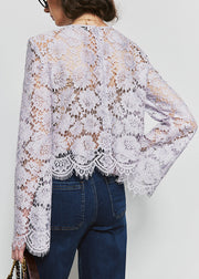 French Purple O Neck Hollow Out Lace Top Fall