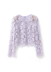 French Purple O Neck Hollow Out Lace Top Fall