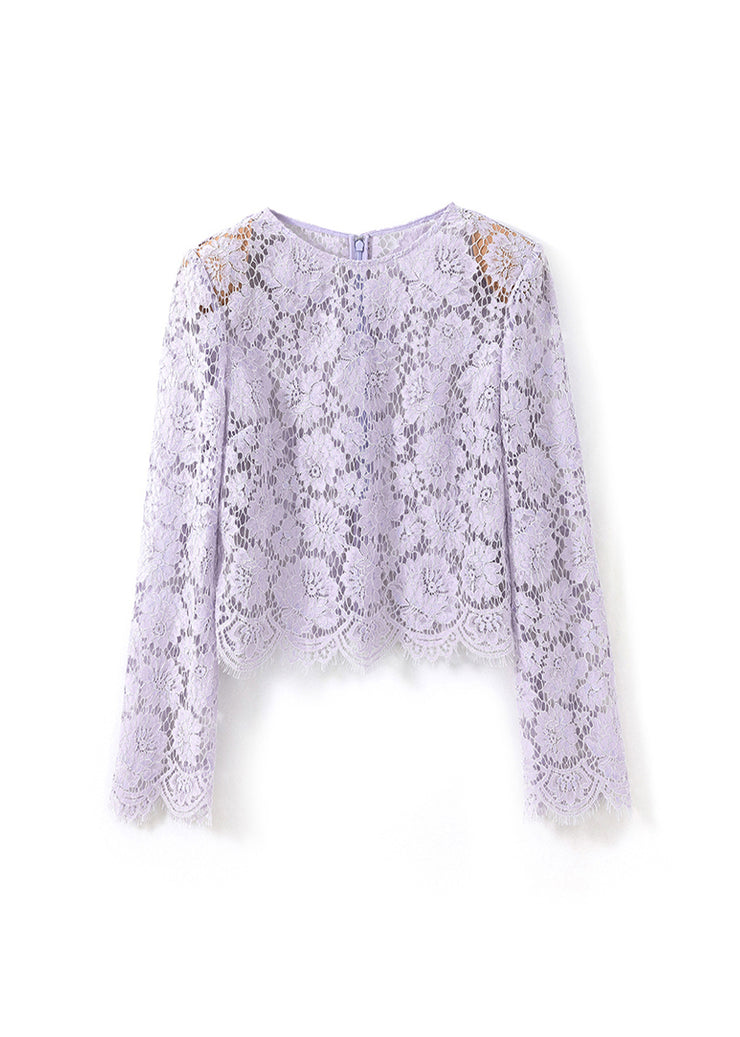 French Purple O Neck Hollow Out Lace Top Fall