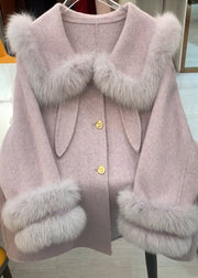 French Purple Oversized Patchwork Faux Fur Woolen Coats Winter
