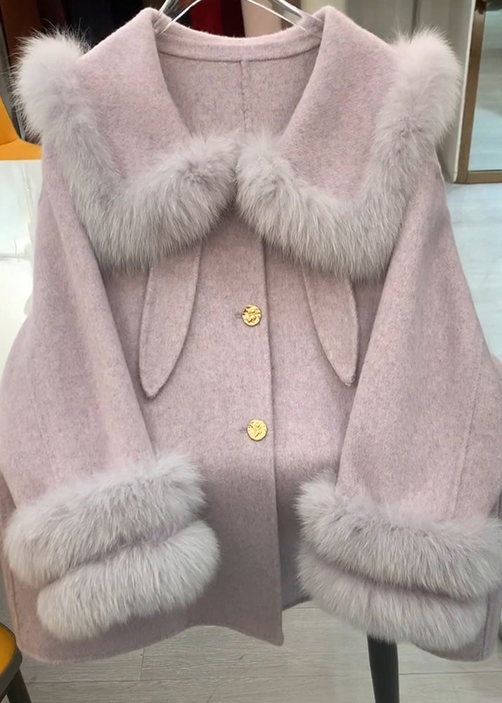 French Purple Oversized Patchwork Faux Fur Woolen Coats Winter