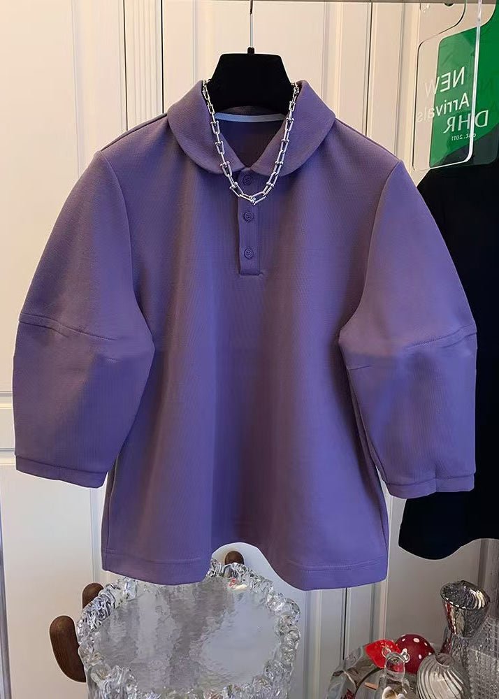 French Purple Peter Pan Collar Patchwork Cotton Tops Fall