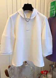 French Purple Peter Pan Collar Patchwork Cotton Tops Fall