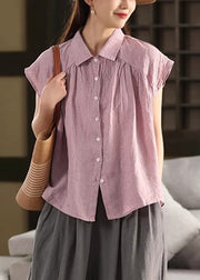 French Purple Peter Pan Striped Collar Linen Blouses Summer