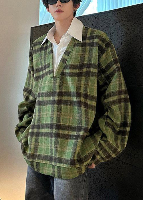 French Purple Plaid Button Patchwork Woolen Mens Shirts Spring