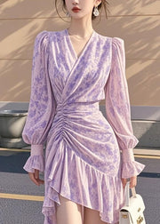 French Purple Ruffled Cinched Asymmetrical Chiffon Dress Fall