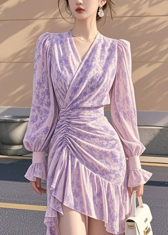 French Purple Ruffled Cinched Asymmetrical Chiffon Dress Fall