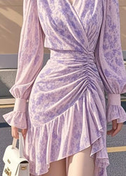 French Purple Ruffled Cinched Asymmetrical Chiffon Dress Fall