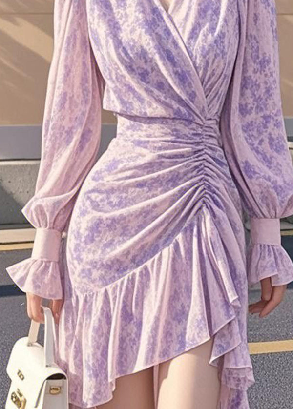 French Purple Ruffled Cinched Asymmetrical Chiffon Dress Fall
