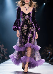 French Purple Ruffled Print Patchwork Velvet Dresses Fall