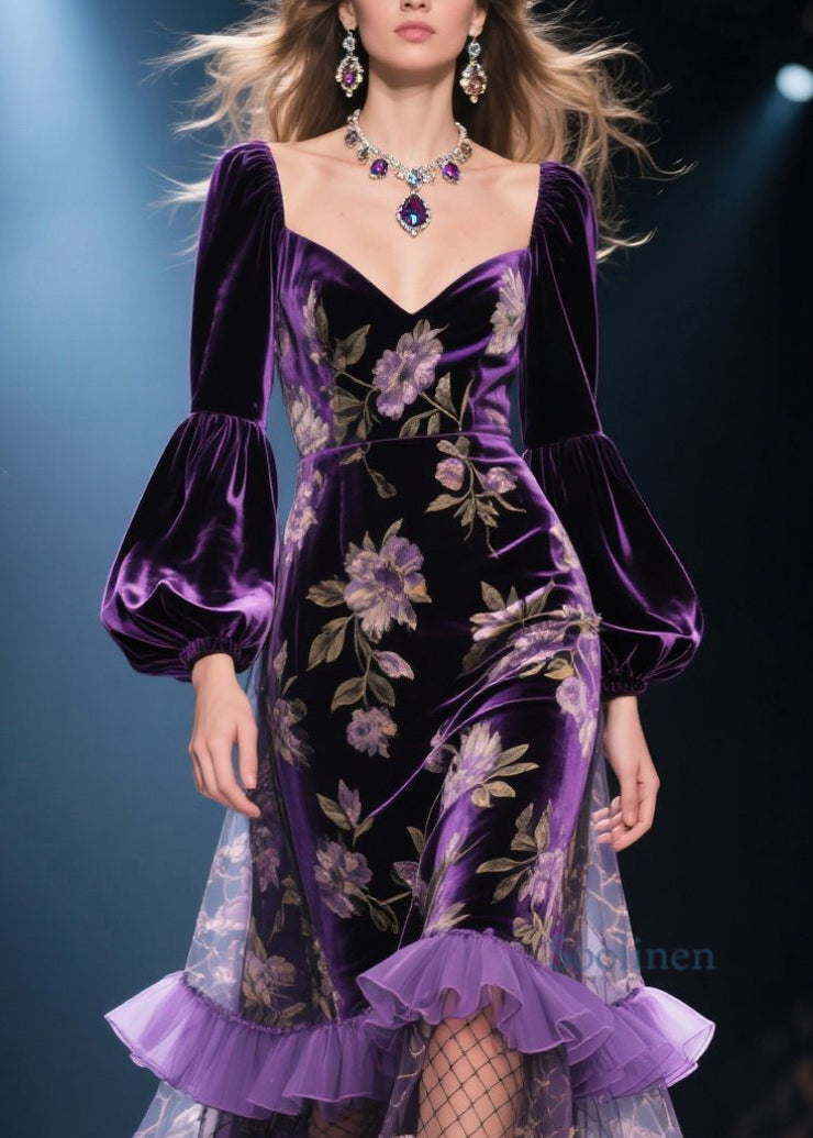French Purple Ruffled Print Patchwork Velvet Dresses Fall