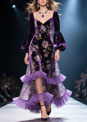 French Purple Ruffled Print Patchwork Velvet Dresses Fall