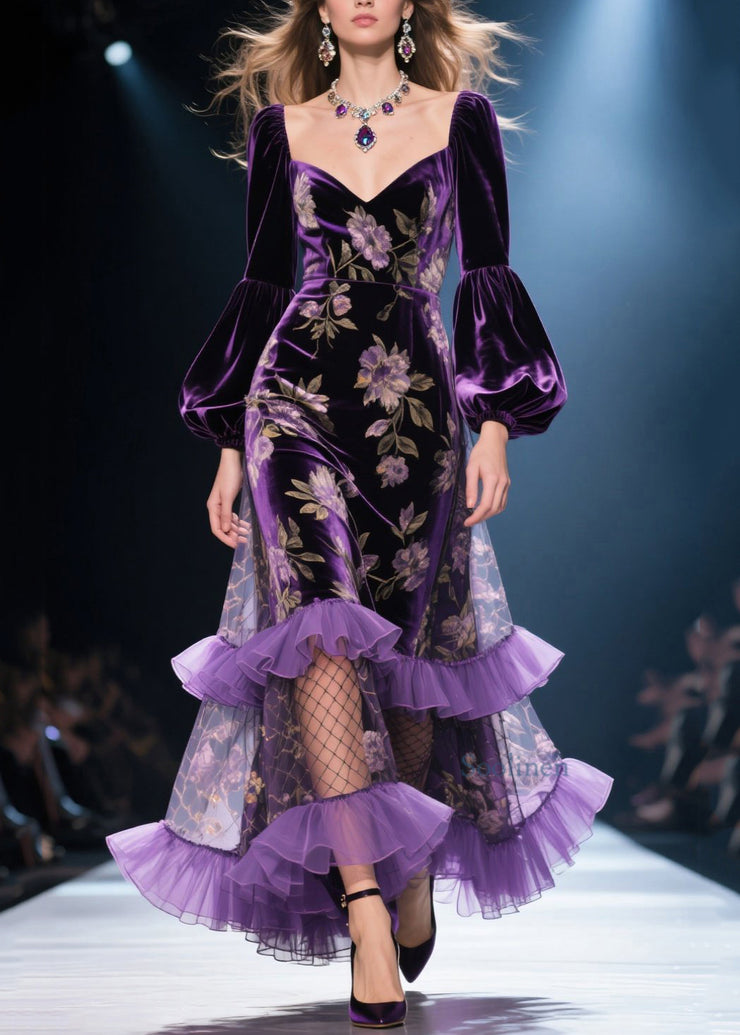 French Purple Ruffled Print Patchwork Velvet Dresses Fall