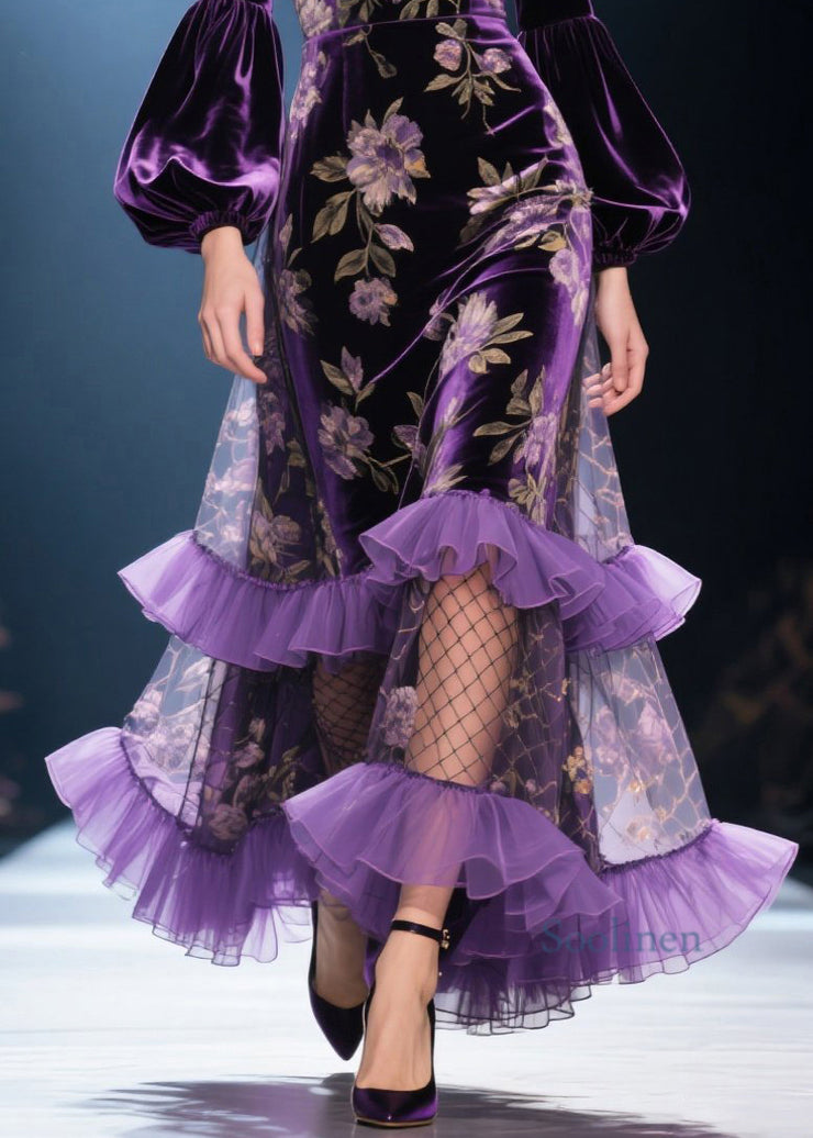 French Purple Ruffled Print Patchwork Velvet Dresses Fall
