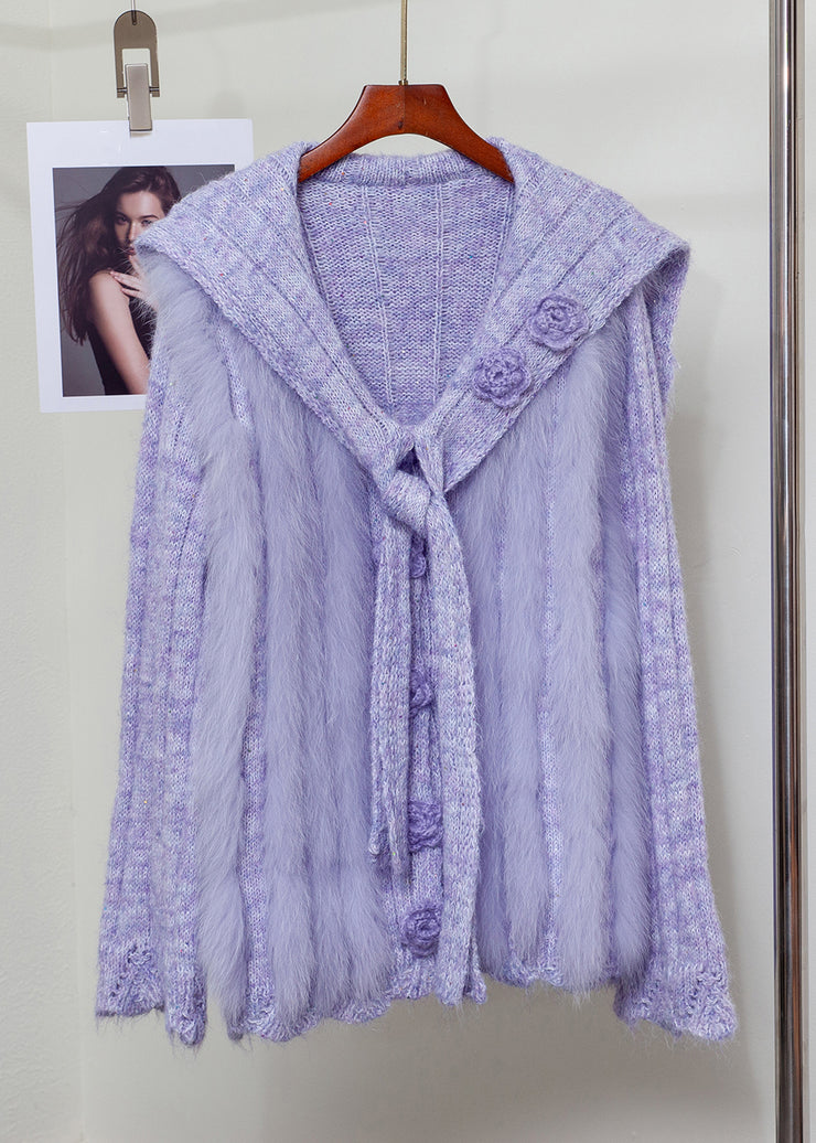 French Purple Sailor Collar Fox Fur Patchwork Knit Sweaters Winter