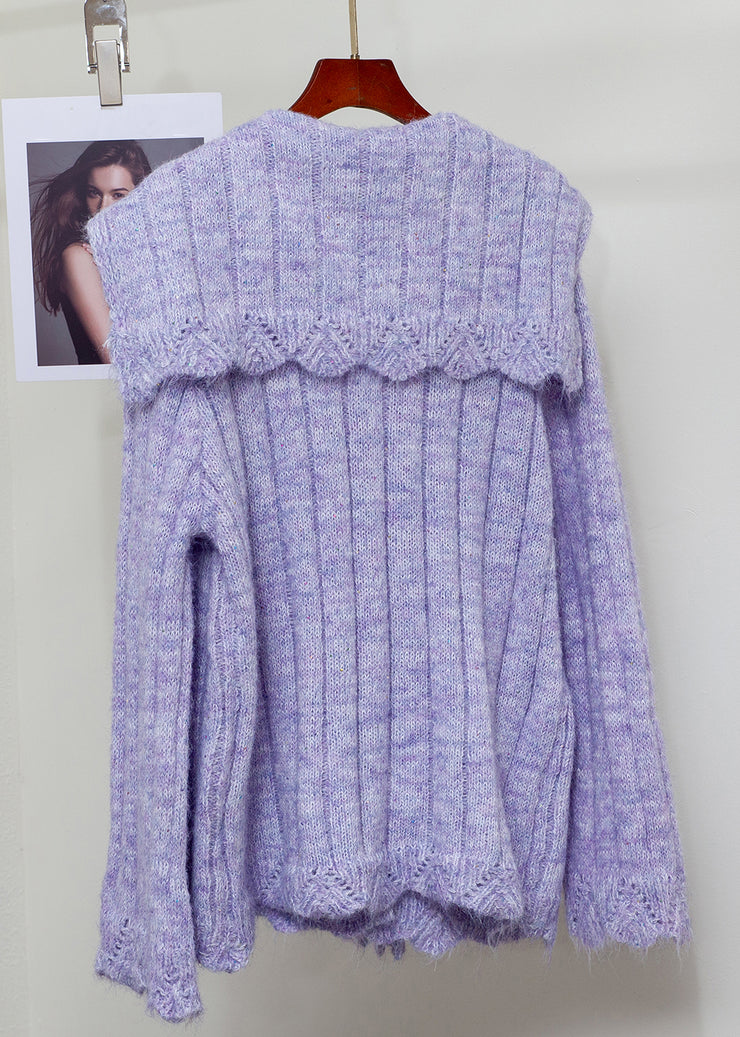 French Purple Sailor Collar Fox Fur Patchwork Knit Sweaters Winter