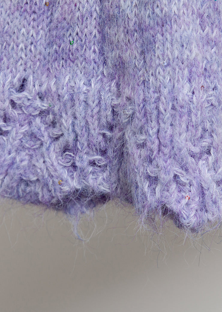 French Purple Sailor Collar Fox Fur Patchwork Knit Sweaters Winter