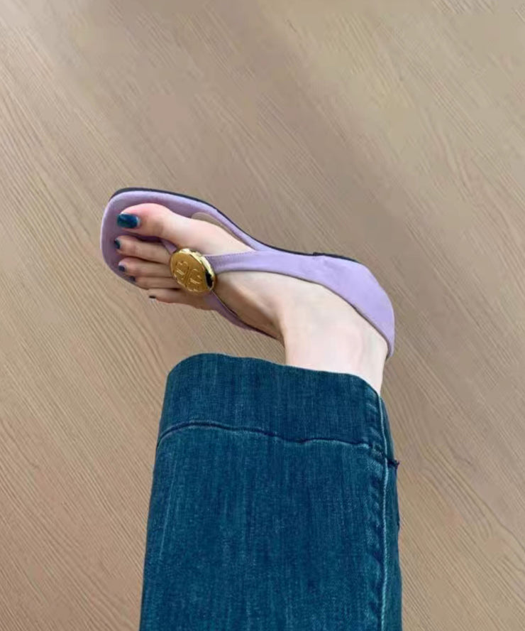 French Purple Suede Wedge Flip Flops Splicing