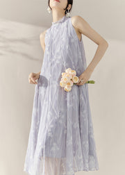 French Purple Turtleneck Print Tulle Holiday Long Maxi Dresses Summer