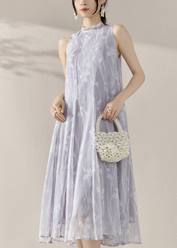 French Purple Turtleneck Print Tulle Holiday Long Maxi Dresses Summer