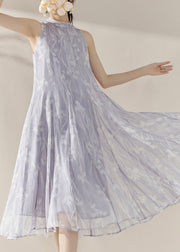 French Purple Turtleneck Print Tulle Holiday Long Maxi Dresses Summer
