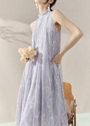 French Purple Turtleneck Print Tulle Holiday Long Maxi Dresses Summer