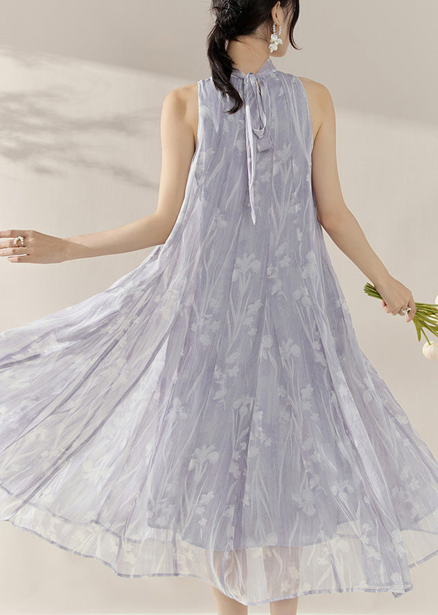 French Purple Turtleneck Print Tulle Holiday Long Maxi Dresses Summer